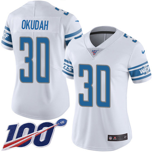 Gorgeous Lions #30 Jeff Okudah White Women's Stitched NFL 100th Season Vapor Untouchable Limited Jersey