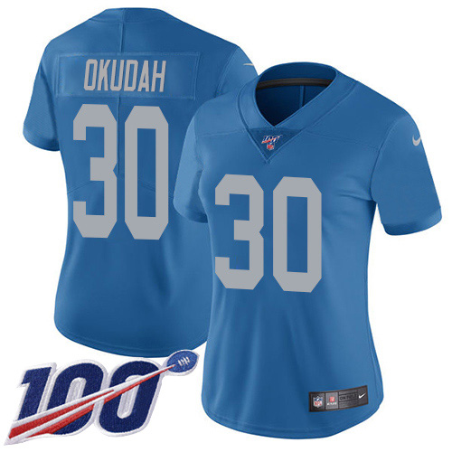 Premium Lions #30 Jeff Okudah Blue Throwback Women's Stitched NFL 100th Season Vapor Untouchable Limited Jersey