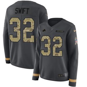 Superb Lions #32 D'Andre Swift Anthracite Salute to Service Women's Stitched NFL Limited Therma Long Sleeve Jersey
