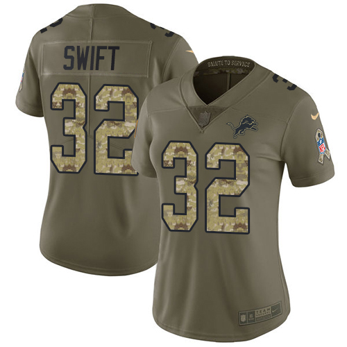Finest Lions #32 D'Andre Swift Olive/Camo Women's Stitched NFL Limited 2017 Salute To Service Jersey
