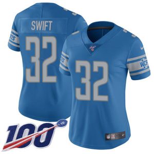 Premium Lions #32 D'Andre Swift Blue Team Color Women's Stitched NFL 100th Season Vapor Untouchable Limited Jersey
