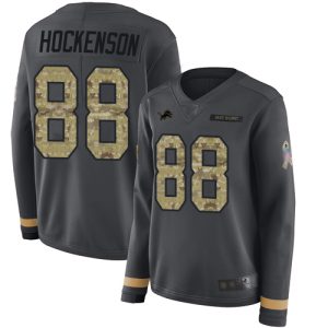 Superb Lions #88 T.J. Hockenson Anthracite Salute to Service Women's Stitched NFL Limited Therma Long Sleeve Jersey