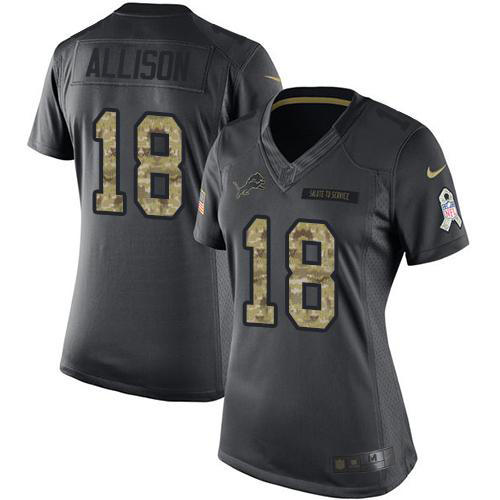 Marvelous Lions #18 Geronimo Allison Black Women's Stitched NFL Limited 2016 Salute to Service Jersey