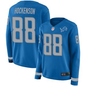 Finest Lions #88 T.J. Hockenson Blue Team Color Women's Stitched NFL Limited Therma Long Sleeve Jersey