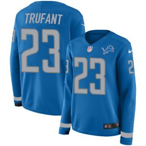 Finest Lions #23 Desmond Trufant Blue Team Color Women's Stitched NFL Limited Therma Long Sleeve Jersey