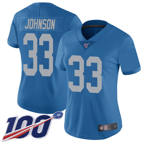 High quality Lions #33 Kerryon Johnson Blue Throwback Women's Stitched NFL 100th Season Vapor Limited Jersey