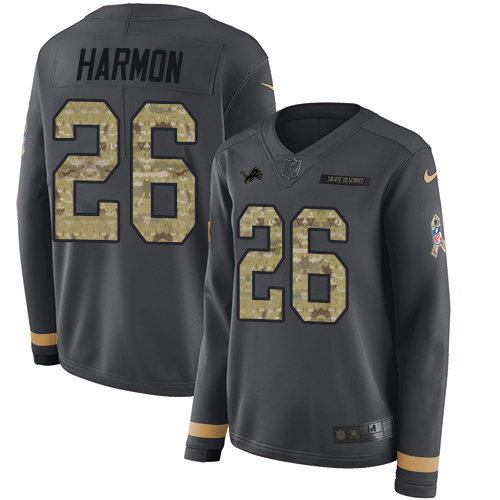 Superior Lions #26 Duron Harmon Anthracite Salute to Service Women's Stitched NFL Limited Therma Long Sleeve Jersey