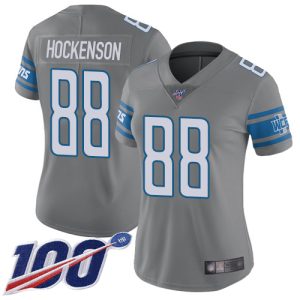 Exceptional Lions #88 T.J. Hockenson Gray Women's Stitched NFL Limited Rush 100th Season Jersey