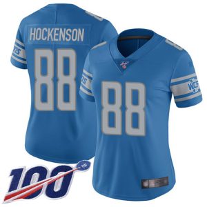 Exceptional Lions #88 T.J. Hockenson Blue Team Color Women's Stitched NFL 100th Season Vapor Limited Jersey