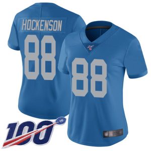 Exceptional Lions #88 T.J. Hockenson Blue Throwback Women's Stitched NFL 100th Season Vapor Limited Jersey