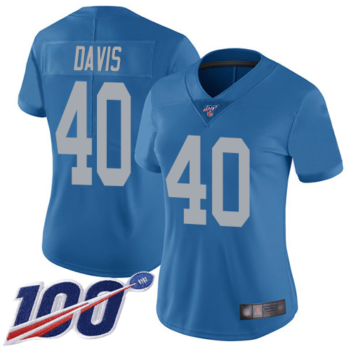 Gorgeous Lions #40 Jarrad Davis Blue Throwback Women's Stitched NFL 100th Season Vapor Limited Jersey