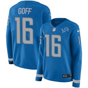 Exquisite Detroit Lions #16 Jared Goff Blue Team Color Women's Stitched NFL Limited Therma Long Sleeve Jersey