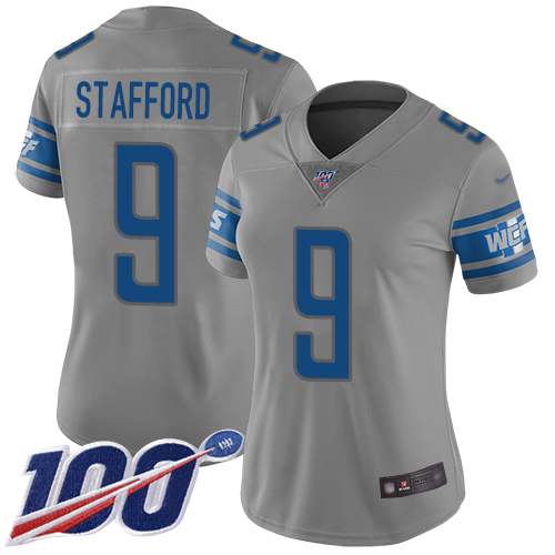 Exquisite Lions #9 Matthew Stafford Gray Women's Stitched NFL Limited Inverted Legend 100th Season Jersey