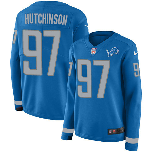 High quality Lions #97 Aidan Hutchinson Blue Team Color Women's Stitched NFL Limited Therma Long Sleeve Jersey