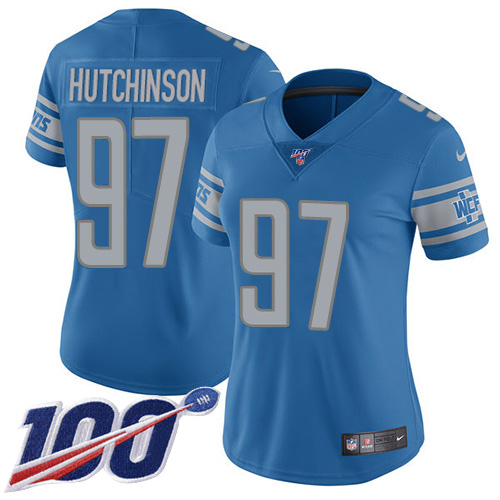 Exquisite Lions #97 Aidan Hutchinson Blue Team Color Women's Stitched NFL 100th Season Vapor Untouchable Limited Jersey