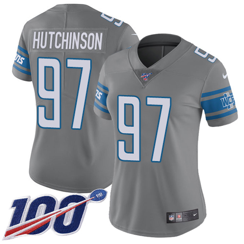 Gorgeous Lions #97 Aidan Hutchinson Gray Women's Stitched NFL Limited Rush 100th Season Jersey