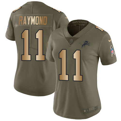 Exquisite Lions #11 Kalif Raymond Olive/Gold Women's Stitched NFL Limited 2017 Salute To Service Jersey