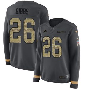 Superb Lions #26 Jahmyr Gibbs Anthracite Salute to Service Women's Stitched NFL Limited Therma Long Sleeve Jersey