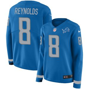 Premium Lions #8 Josh Reynolds Blue Team Color Women's Stitched NFL Limited Therma Long Sleeve Jersey
