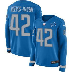 Exquisite Lions #42 Jalen Reeves-Maybin Blue Team Color Women's Stitched NFL Limited Therma Long Sleeve Jersey