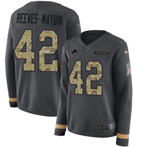 Exquisite Lions #42 Jalen Reeves-Maybin Anthracite Salute to Service Women's Stitched NFL Limited Therma Long Sleeve Jersey