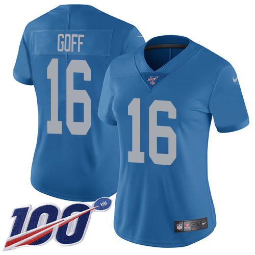 Gorgeous Lions #16 Jared Goff Blue Throwback Women's Stitched NFL 100th Season Vapor Untouchable Limited Jersey