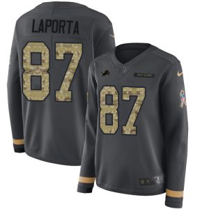 Superior Lions #87 Sam LaPorta Anthracite Salute to Service Women's Stitched NFL Limited Therma Long Sleeve Jersey