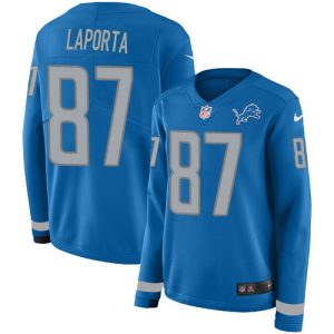Exceptional Lions #87 Sam LaPorta Blue Team Color Women's Stitched NFL Limited Therma Long Sleeve Jersey