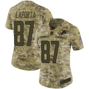 Marvelous Lions #87 Sam LaPorta Camo Women's Stitched NFL Limited 2018 Salute To Service Jersey
