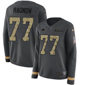 Finest Lions #77 Frank Ragnow Anthracite Salute to Service Women's Stitched NFL Limited Therma Long Sleeve Jersey