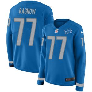 Outstanding Lions #77 Frank Ragnow Blue Team Color Women's Stitched NFL Limited Therma Long Sleeve Jersey