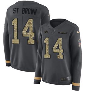 Superb Lions #14 Amon-Ra St. Brown Anthracite Salute to Service Women's Stitched NFL Limited Therma Long Sleeve Jersey