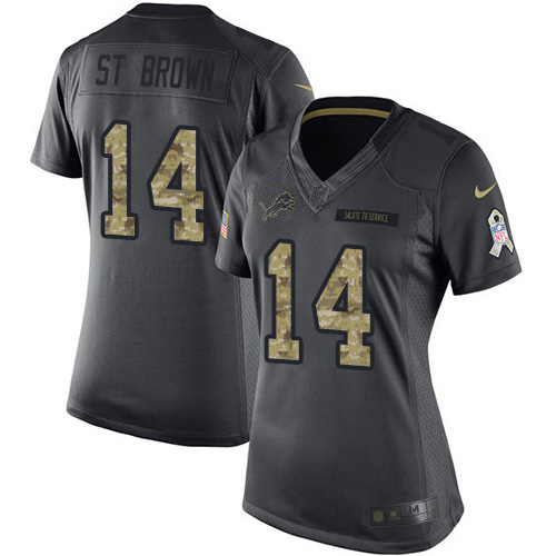 Premium Lions #14 Amon-Ra St. Brown Black Women's Stitched NFL Limited 2016 Salute to Service Jersey