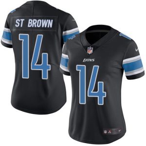 Premium Lions #14 Amon-Ra St. Brown Black Women's Stitched NFL Limited Rush Jersey