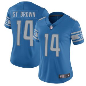 Superb Lions #14 Amon-Ra St. Brown Blue Team Color Women's Stitched NFL Vapor Untouchable Limited Jersey