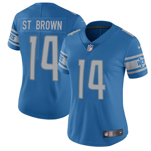 Superb Lions #14 Amon-Ra St. Brown Blue Team Color Women's Stitched NFL Vapor Untouchable Limited Jersey