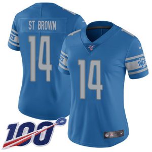 Premium Lions #14 Amon-Ra St. Brown Blue Team Color Women's Stitched NFL 100th Season Vapor Untouchable Limited Jersey
