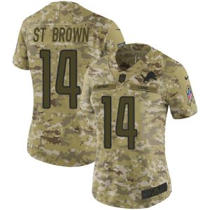 Exquisite Lions #14 Amon-Ra St. Brown Camo Women's Stitched NFL Limited 2018 Salute To Service Jersey
