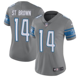 Premium Lions #14 Amon-Ra St. Brown Gray Women's Stitched NFL Limited Rush Jersey