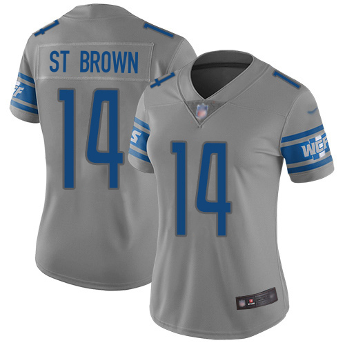 Marvelous Lions #14 Amon-Ra St. Brown Gray Women's Stitched NFL Limited Inverted Legend Jersey