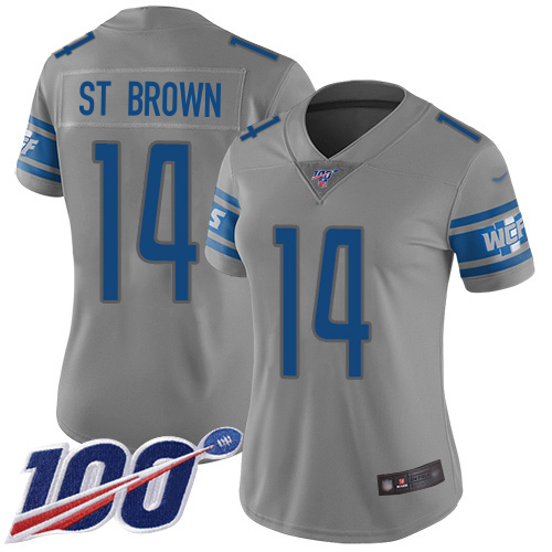 Outstanding Lions #14 Amon-Ra St. Brown Gray Women's Stitched NFL Limited Inverted Legend 100th Season Jersey