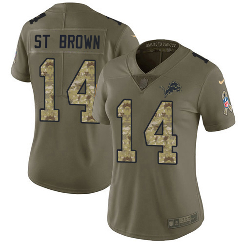 Finest Lions #14 Amon-Ra St. Brown Olive/Camo Women's Stitched NFL Limited 2017 Salute To Service Jersey