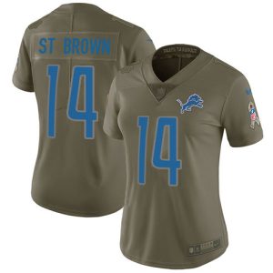 Finest Lions #14 Amon-Ra St. Brown Olive Women's Stitched NFL Limited 2017 Salute To Service Jersey