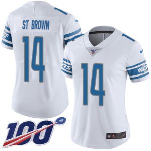 Superb Lions #14 Amon-Ra St. Brown White Women's Stitched NFL 100th Season Vapor Untouchable Limited Jersey