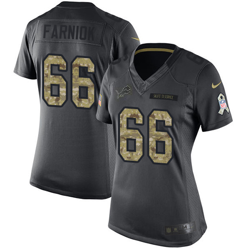 Exquisite Lions #66 Matt Farniok Black Women's Stitched NFL Limited 2016 Salute to Service Jersey