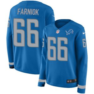 Finest Lions #66 Matt Farniok Blue Team Color Women's Stitched NFL Limited Therma Long Sleeve Jersey
