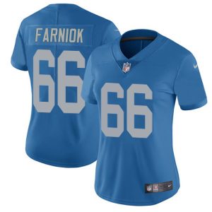 Exceptional Lions #66 Matt Farniok Blue Throwback Women's Stitched NFL Vapor Untouchable Limited Jersey