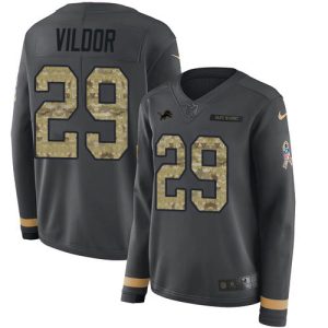Exquisite Lions #29 Kindle Vildor Anthracite Salute to Service Women's Stitched NFL Limited Therma Long Sleeve Jersey