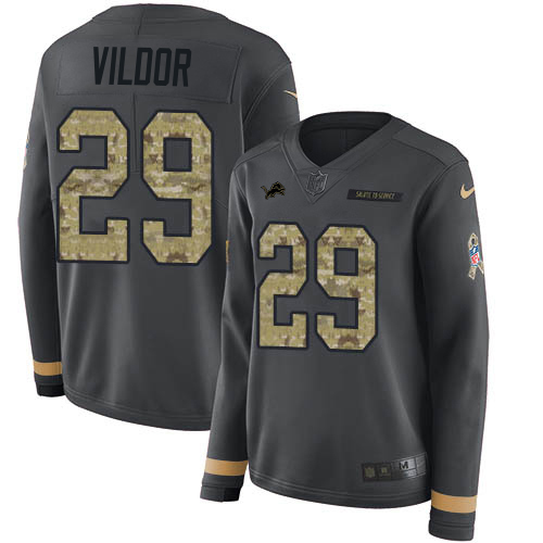Exquisite Lions #29 Kindle Vildor Anthracite Salute to Service Women's Stitched NFL Limited Therma Long Sleeve Jersey