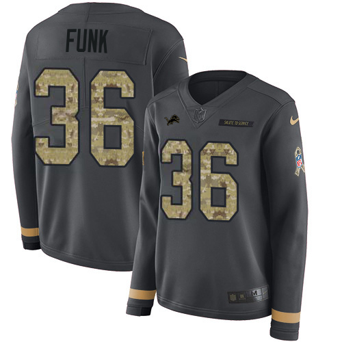 Superb Lions #36 Jake Funk Anthracite Salute to Service Women's Stitched NFL Limited Therma Long Sleeve Jersey